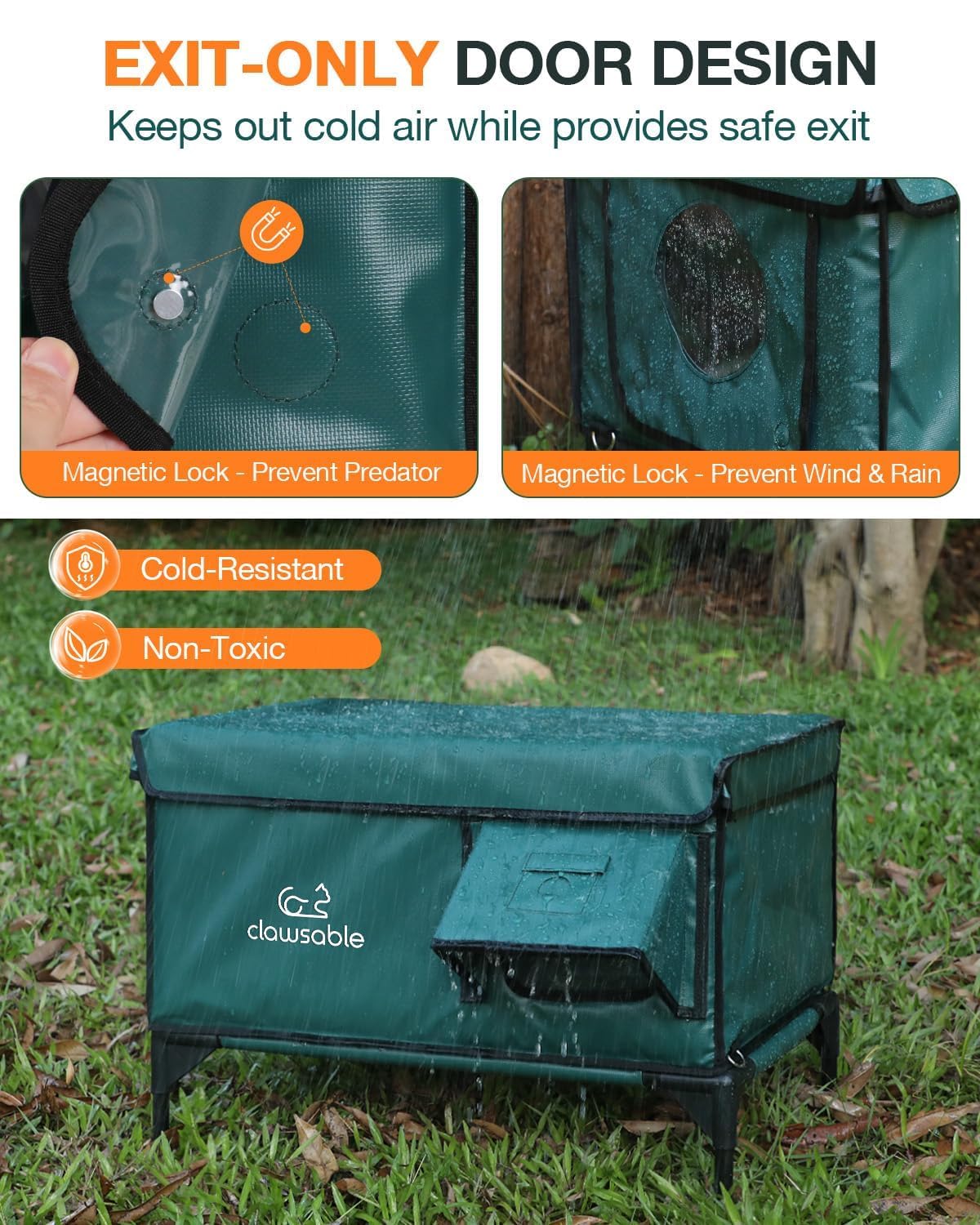 Indestructible Heated Cat House for Outside Winter, 100% Waterproof, Safe Escape Door, Insulated Outdoor Cat Shelter with Heater for Feral Barn Cat Kitty (Forest Green, 12"x16"x18")