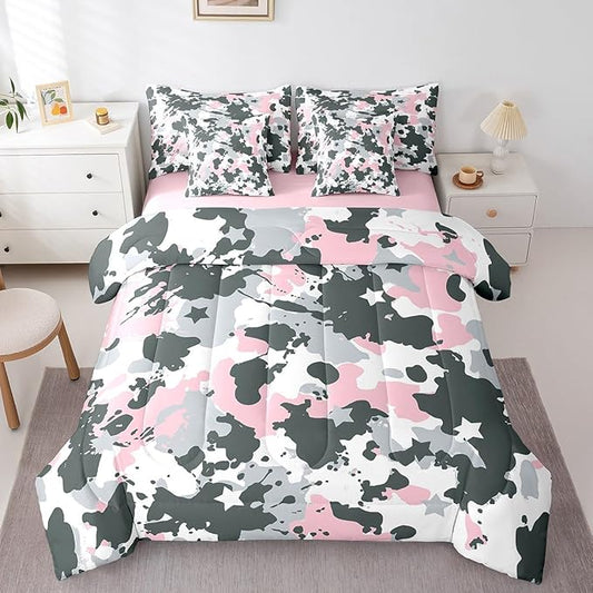 jejeloiu Pink Camouflage 7 Pieces Bedding Set Twin Size Camo Comforter Set with Sheets for Kids Boys Girls Decor Military Style Disruptive Pattern Abstract Geometric Bed in a Bag Soft Bedroom Decor