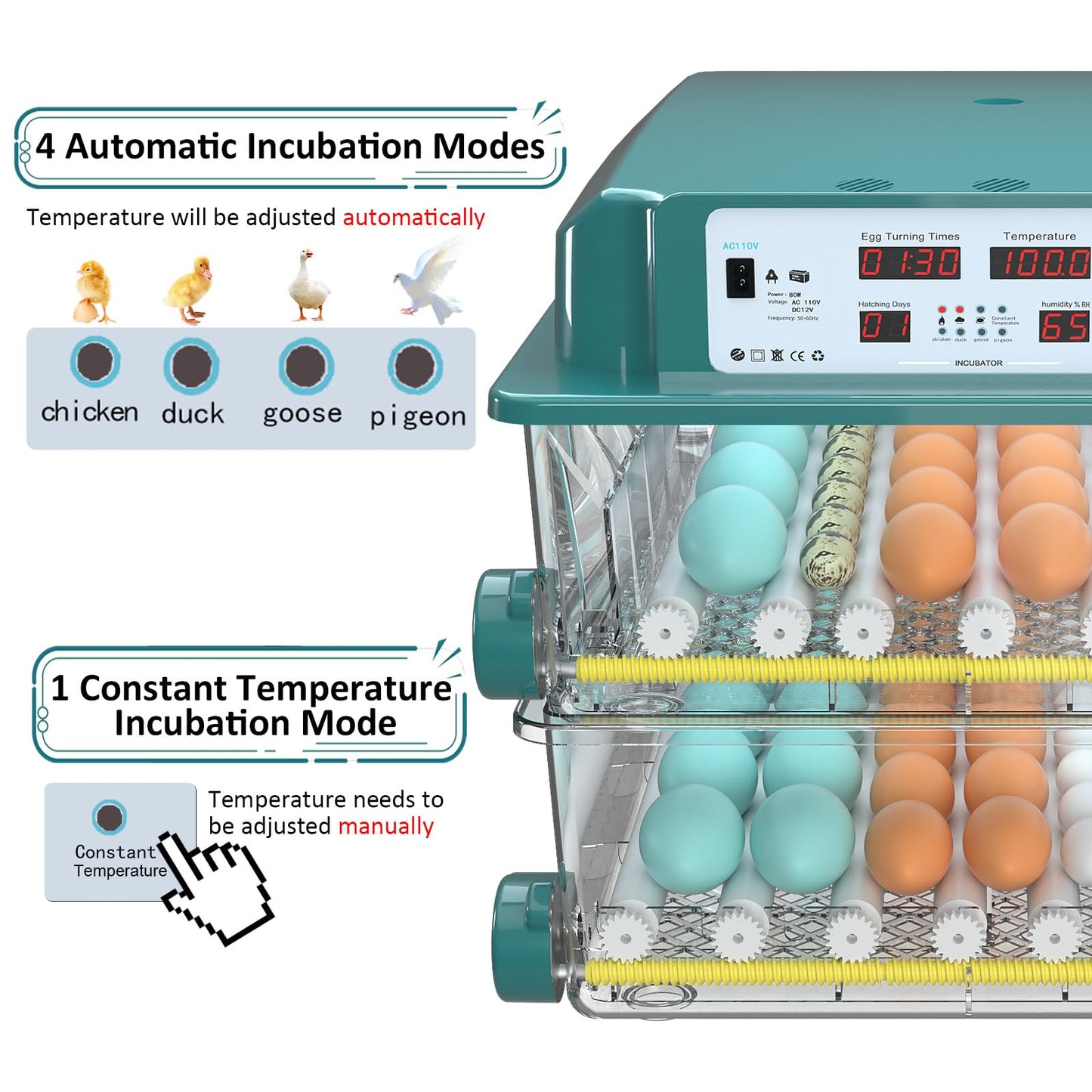 Chalixion Incubators for Hatching 120 Eggs, Egg Incubator with Automatic Egg Turning and Humidity Monitor, Temperature Control, 5 Automatic Incubation Modes and Incubation Days Record