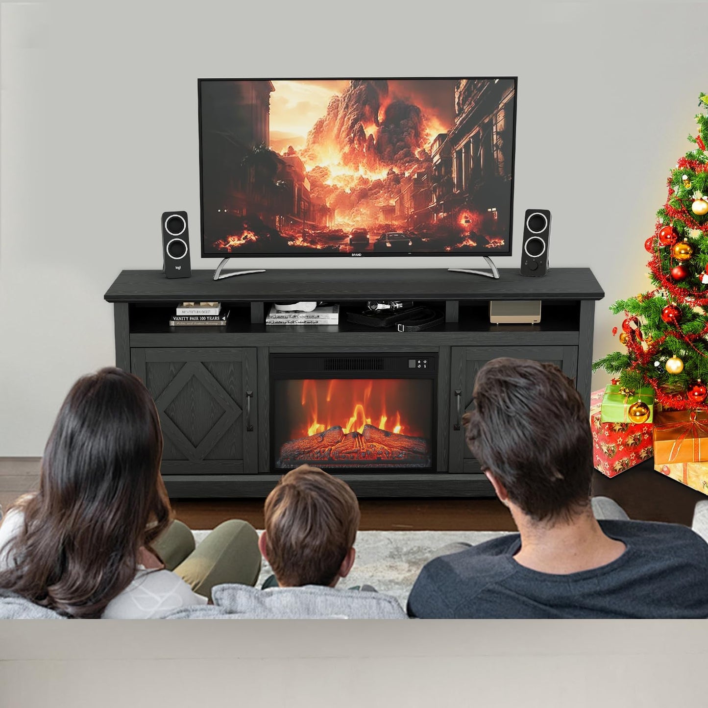 Farmhouse TV Stand with 23" Electric Fireplace for TVs Up to 65", Rustic Sliding Barn Door Entertainment Center with Storage, Remote Control, 3D Flame, Timer & Overheat Protection