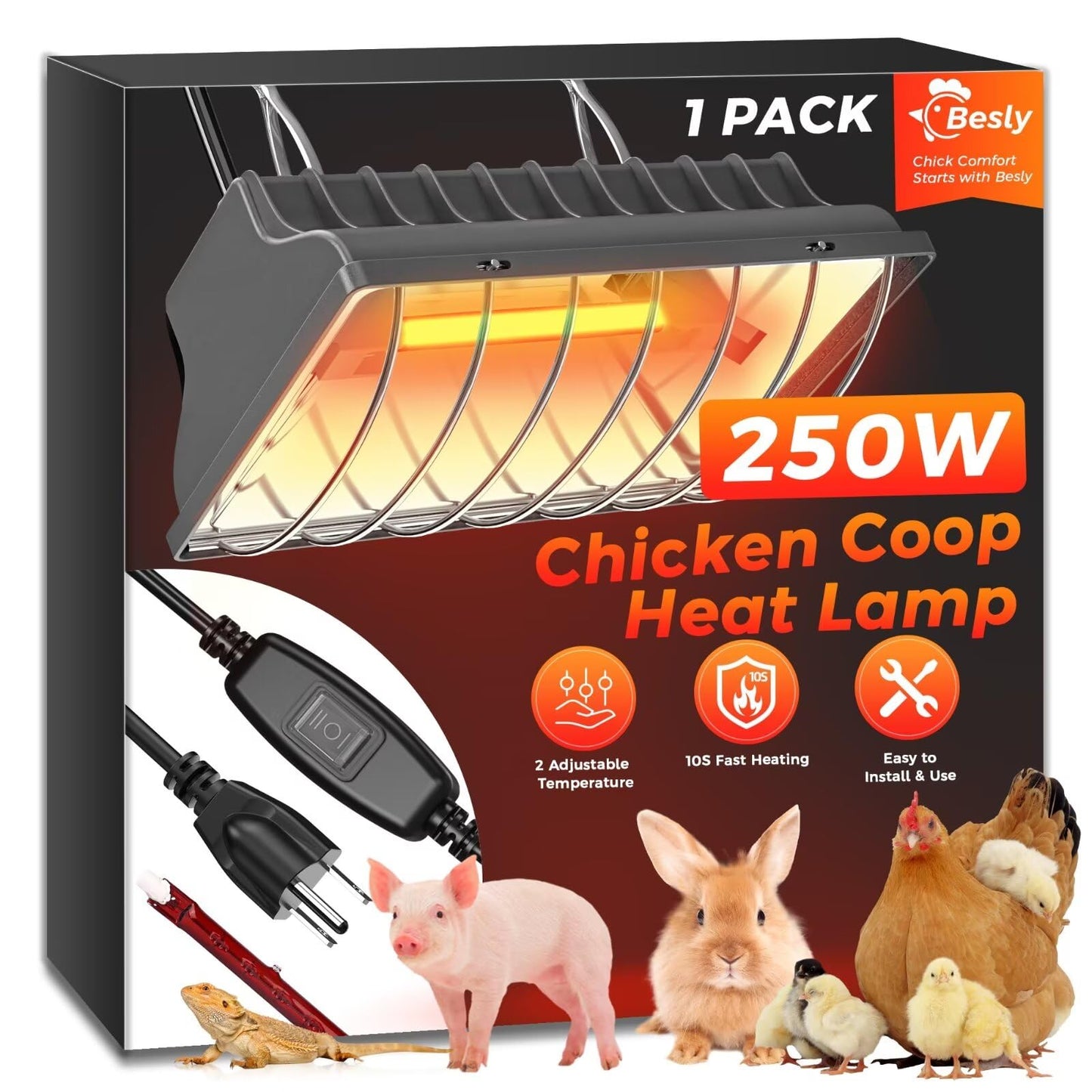 Besly Heat Lamp for Chicken Coop, 250W Waterproof Chicken Coop Heater for Indoor & Outdoor Used, Infrared Heat Lamp with Adjustable Temp & Height, Ideal for Poultry, Livestock & Small Pets