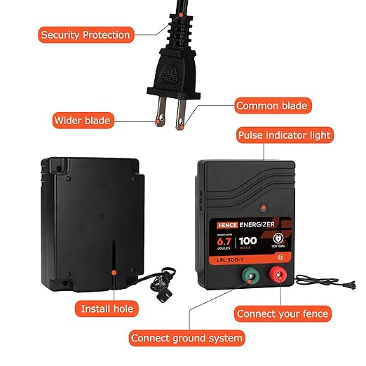 Electric Fence Charger AC Powered 100 Miles 300 Acres, 110 Volt 6.7 Joule Plug-in Electric Fence Energizer, Output Voltage Max 10.2 kV for Livestock, Preventing Predators from Intruding