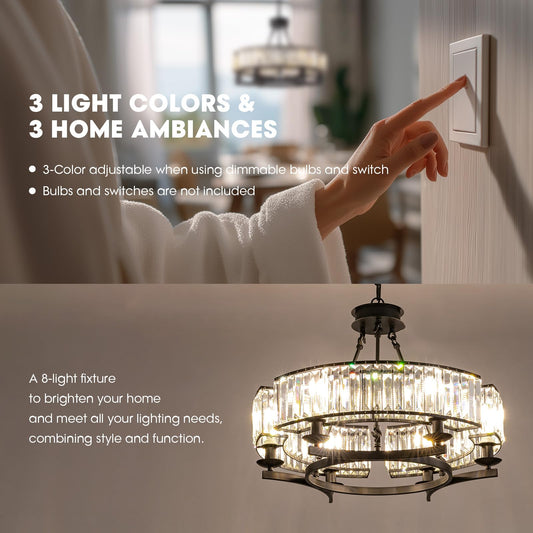 WECHAET Modern Black Farmhouse Chandeliers for Dining Room Light Fixture, 6-Light Adjustable Round Crystal Chandeliers for Living Room Kitchen Island Foyer Entryway, D31.5
