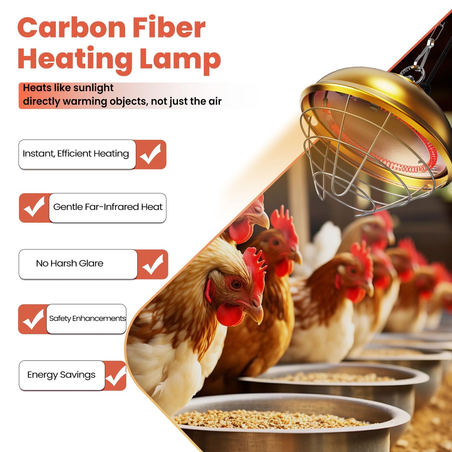 Heat Lamp for Chickens, 170W & 350W Adjustable Heating Temperature and Hanging Height, Chicken Coop Heater, Brooder Lamp, Carbon Fiber Heating Lamp for Chicks, Ducks, Rabbits, Cats, Dogs, Livestocks