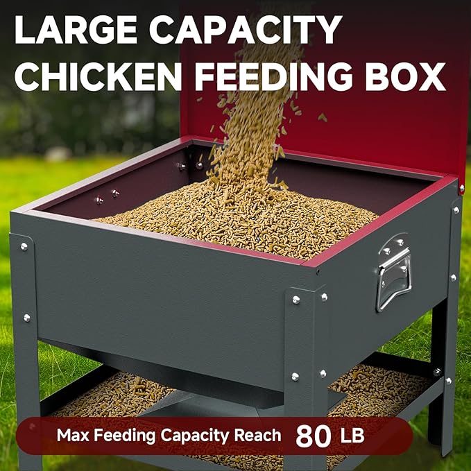 Automatic Chicken and Duck Feeder, 80 LBS Capacity Metal Chicken Feeder, Weatherproof Outdoor Gravity Feeding Barrel, No-Waste Feeder for Backyard Flock (Red)