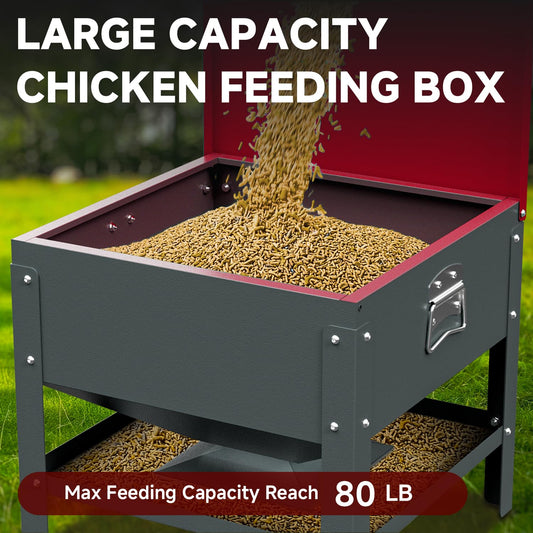 Automatic Chicken and Duck Feeder, 80 LBS Capacity Metal Chicken Feeder, Weatherproof Outdoor Gravity Feeding Barrel, No-Waste Feeder for Backyard Flock (Red)