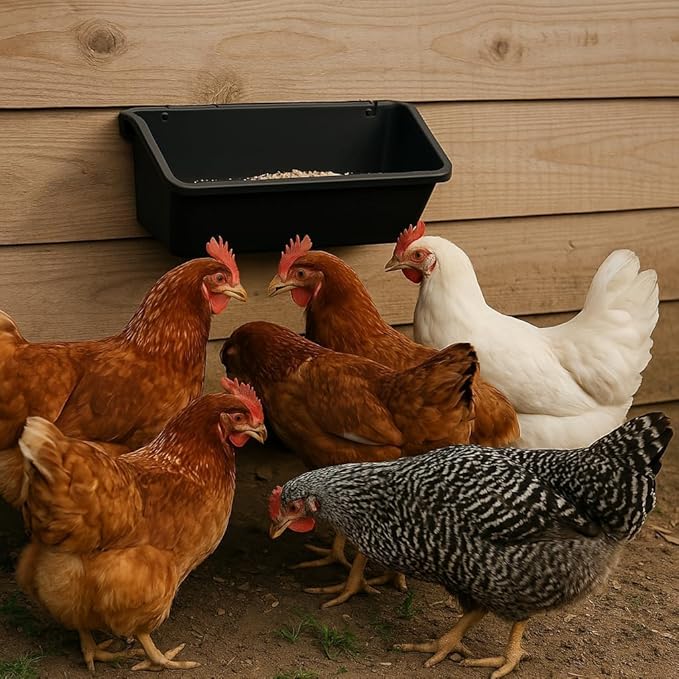 Hanging Chicken Feeder Troughs (2Pack, 5 Qt) – Durable Black Plastic Poultry Feed & Water Buckets with Metal D‑Clips, Multi‑Animal Goat, Sheep, Duck, Pig, Horse, Chicken Coop Feeder