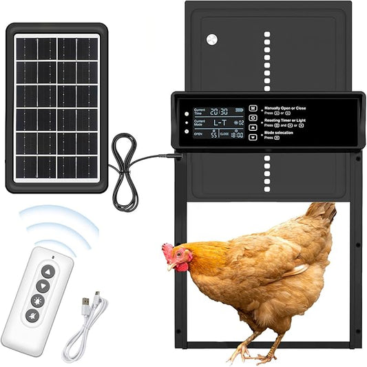 Automatic Chicken Coop Door Solar Powered Chicken Door with Timer & Light Sensor Aluminum Auto Chicken Coop Door Opener with Remote Control, Battery Operated & 4 Modes (Black Grey)