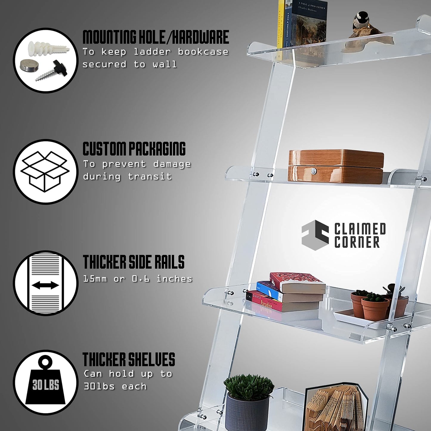 Acrylic Ladder Bookcase Wall Leaning Shelves – Large & Robust Modern Clear Floating Bookshelf - Decor Display for Open Shelving, Organizer, or Storage in the Living Room, Office, Bedroom, or Bathroom