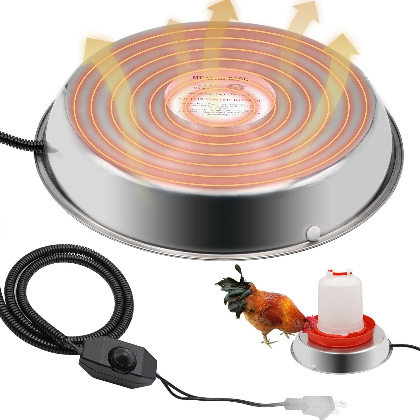 Chicken Waterer Heater,14 Inch Heated Chicken Waterer Base for Winter 5 Gallon with Anti-bite Cable for Poultry Fountains Water Bowl Plastic Metal Waterer