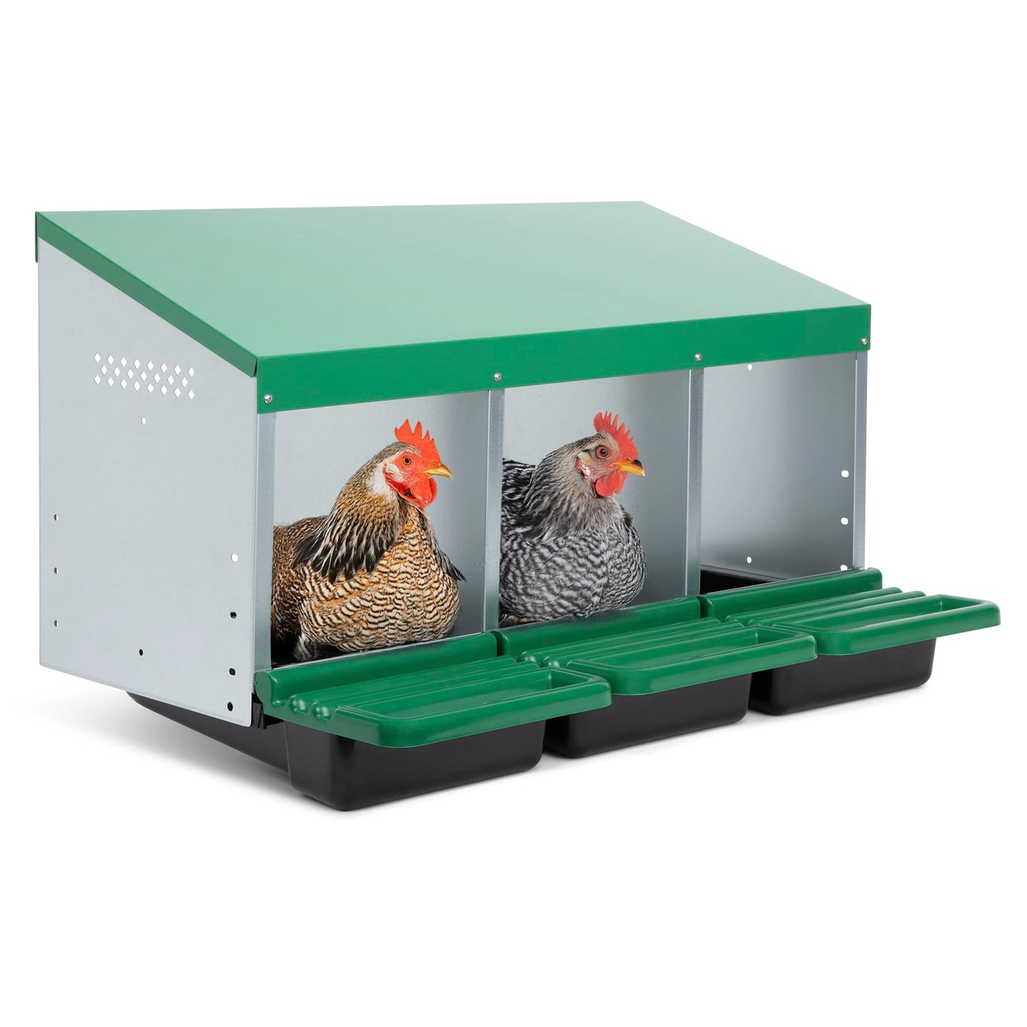 Homestead Essentials Classic Style 3 Compartment, Forward Rollout & Rollaway, Hen & Chicken Nesting Box with Integrated Perch and Protective Egg Laying Collection Lids