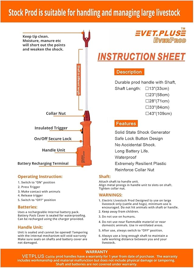 Waterproof Cattle Driving Stick for Livestock Such as Cows Hogs Sheep Rechargeable Electric Animal Prod for Large Dogs with 33" Length Flexible Shaft Total Length 43.5 inch