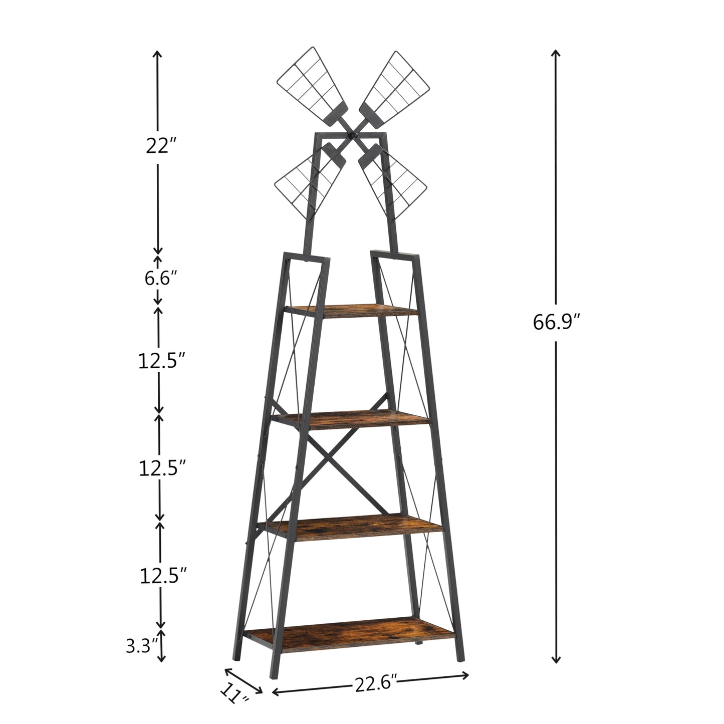 Hotity 4-Tier Rustic Windmill Ladder Bookshelf - Freestanding Industrial Storage Shelving Unit for Living Room, Bedroom, and Office