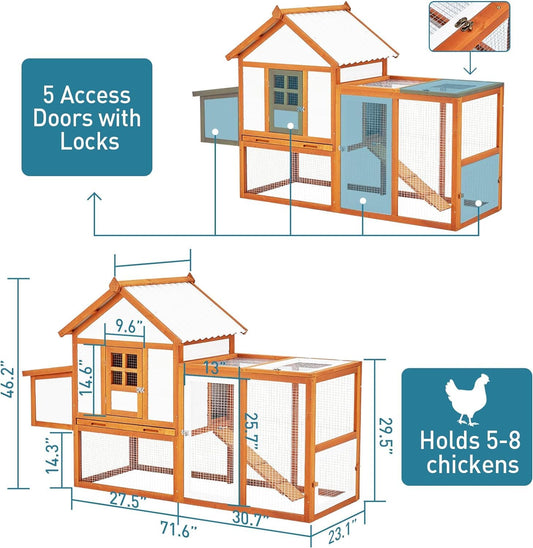 Chicken Coop Hen House, Large Walk in Wooden Chicken Duck Coop Accessories for 6/8/10 Chickens, Portable Outdoor Rabbit Hutch, Nesting Box with 5 Access Areas, Wire Fence