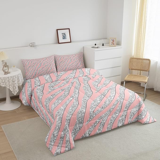Women Leopard Bedding Set Girls Pink Silver Leopard Print Comforter Set for Kids Boys Teens Glitter Zebra Print Comforter Safari Animal Print Quilt Set Room Decor Duvet Set for All Season Queen Size