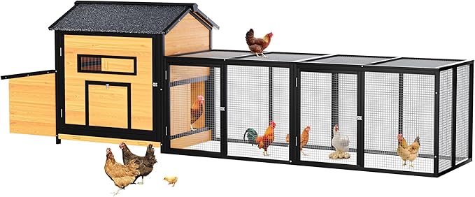 118" Large Wood Chicken Coop,Outdoor Hen House with Nesting Box Poultry Cage,Oversized Enclosed Run,Hen Coop with Leak-Proof Pull-Out Tray,Asphalt Roof & Free-Range Doors,Black+Gold