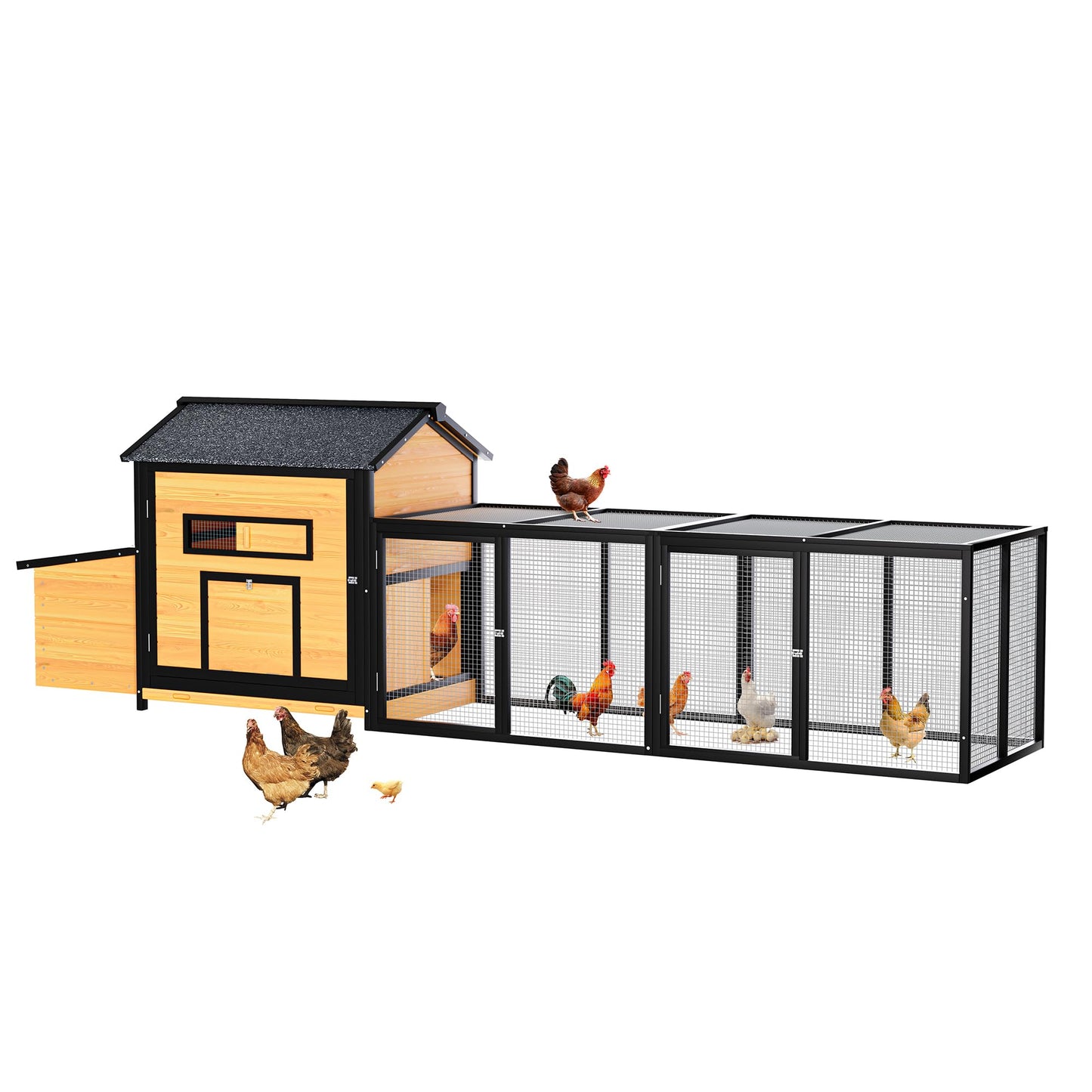 YOPTO 118" Large Wood Chicken Coop,Outdoor Hen House with Nesting Box Poultry Cage,Oversized Enclosed Run,Hen Coop with Leak-Proof Pull-Out Tray,Asphalt Roof & Free-Range Doors,Black+Gold