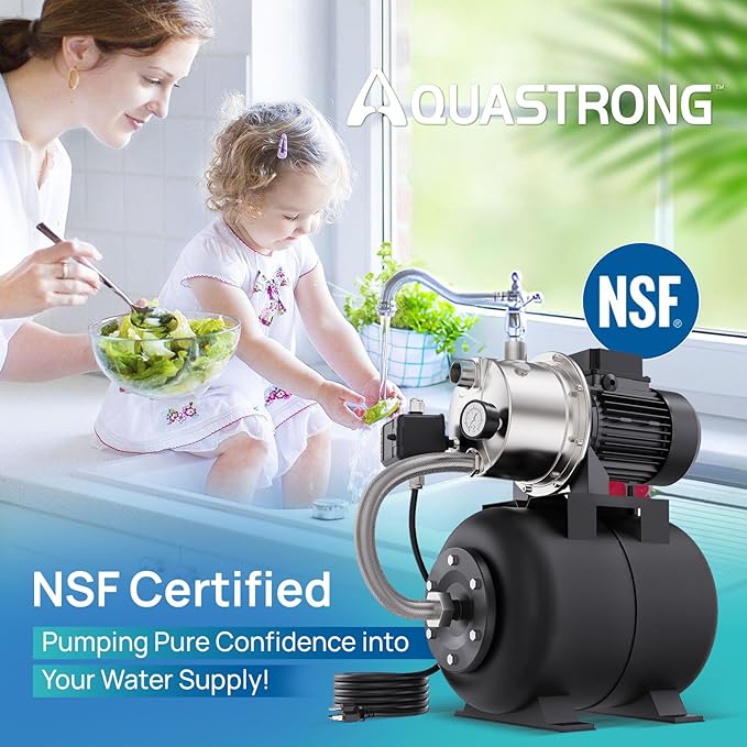 Aquastrong 1.6 HP Shallow Well Pump with Pressure Tank, NSF Certified, 1320 GPH, 115V, Stainless Steel Irrigation Pump, Automatic Water Booster Jet Pump for Home, Garden, Lawn