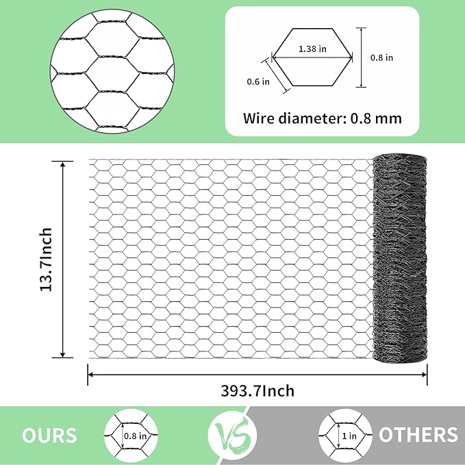 Chicken Wire 13.7 in x 393.7 in Poultry Wire Netting Hexagonal Galvanized Mesh Garden Fence Barrier for Pet Rabbit Chicken Fencing with 100 Pcs Cable Zip Ties(PVC-Coated)