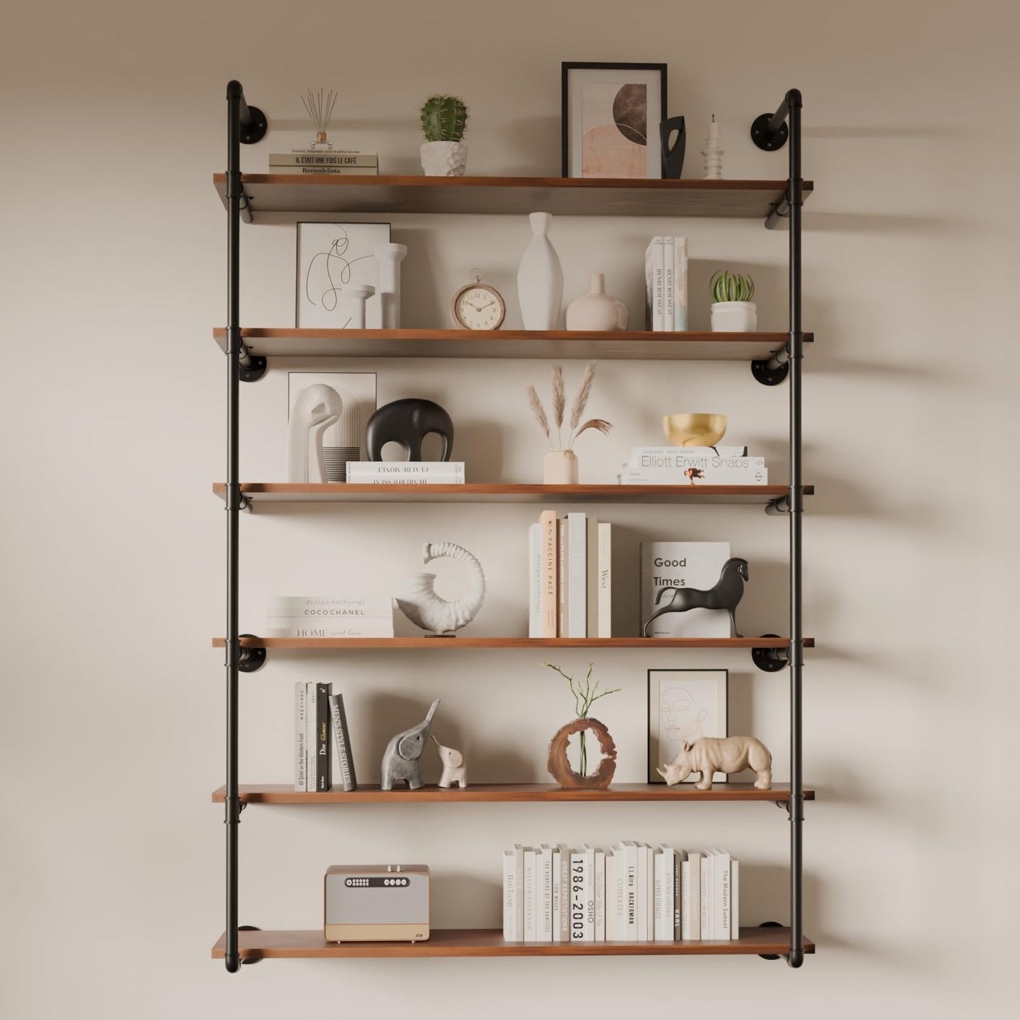 ONOTETUT 6 Tier Industrial Pipe Shelves with Wood Planks, 48 inch Iron Pipe Shelving, Retro Wall Mounted Bookshelf, Floating Bar Shelves for Kitchen,Living Room