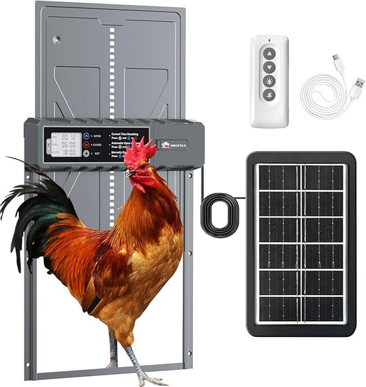 Automatic Chicken Coop Door Solar Powered with Timer, Remote Control, Anti-Pitch Aluminum Alloy Auto House Door for Chicken, Duck, Poultry, Weatherproof