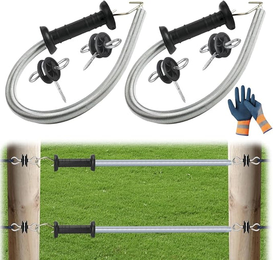 16.4 ft 4-Set Electric Fence Gate Kit - Spring Loaded Handles with Tension Spring, 2-Way Anchors & Screw-in Insulators for Livestock Farm Ranch Fencing