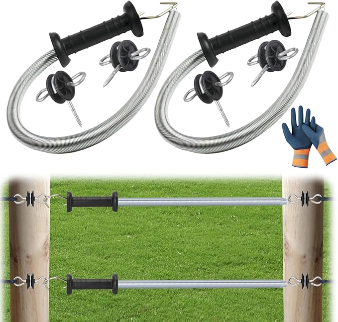 16.4 ft 2-Set Electric Fence Gate Kit - Spring Loaded Handles with Tension Spring, 2-Way Anchors & Screw-in Insulators for Livestock Farm Ranch Fencing