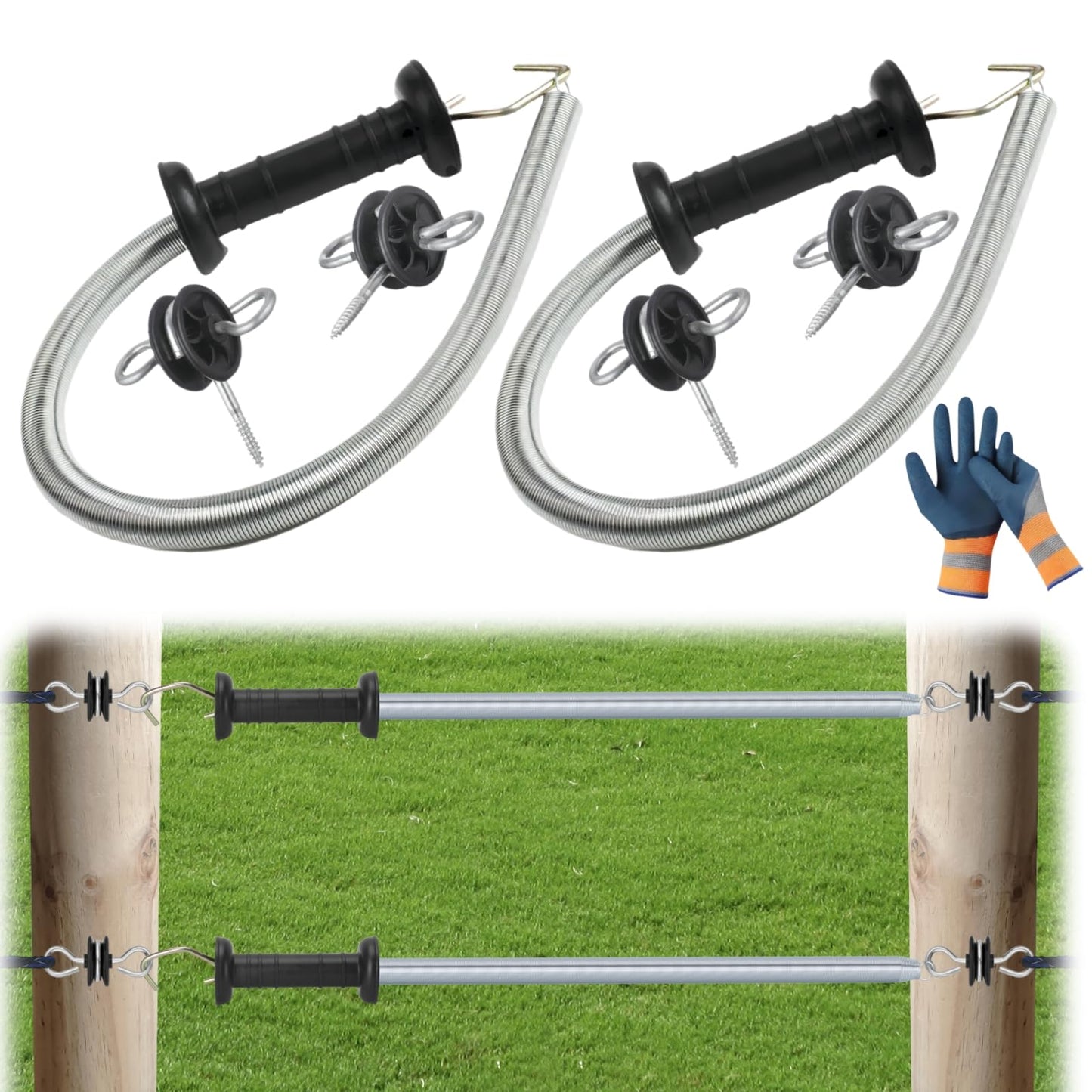 CYM-INSIST 16.4 ft 2-Set Electric Fence Gate Kit - Spring Loaded Handles with Tension Spring, 2-Way Anchors & Screw-in Insulators for Livestock Farm Ranch Fencing