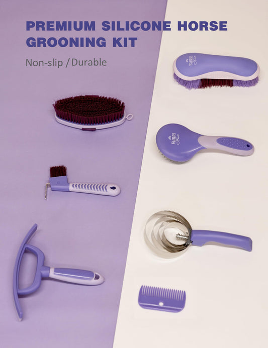 Furrishine 9PCS Horse Grooming Kit Curry Comb Sweat Scraper Horse Bathing Supplies Grooming Tools with Storage Bag Sugar Taro