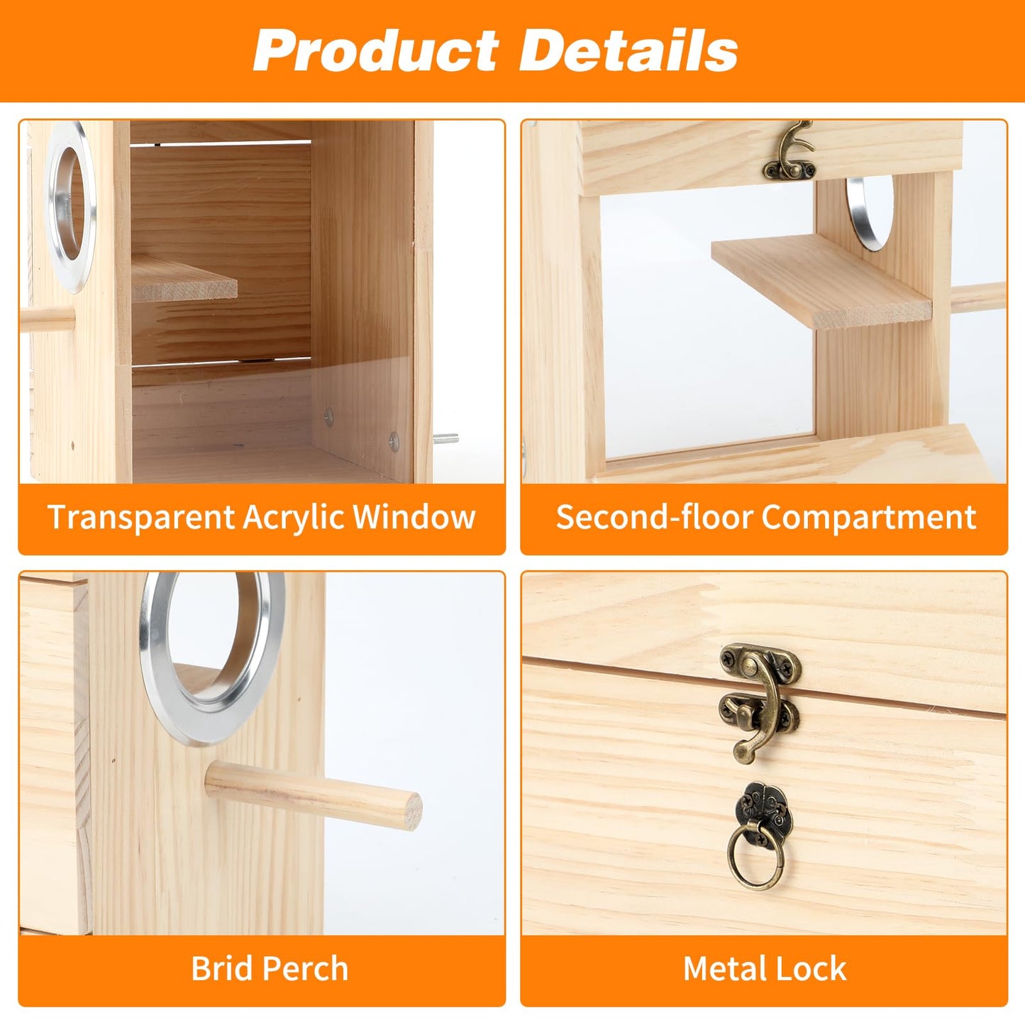 Rypet Transparent Bird Nest Boxes, Wood Parakeet Nesting Box for Cage, Upright Bird Nest Breeding Box with Perch Bird Cage House for Parakeet Lovebirds Budgie Finch Parrotlets Canary L