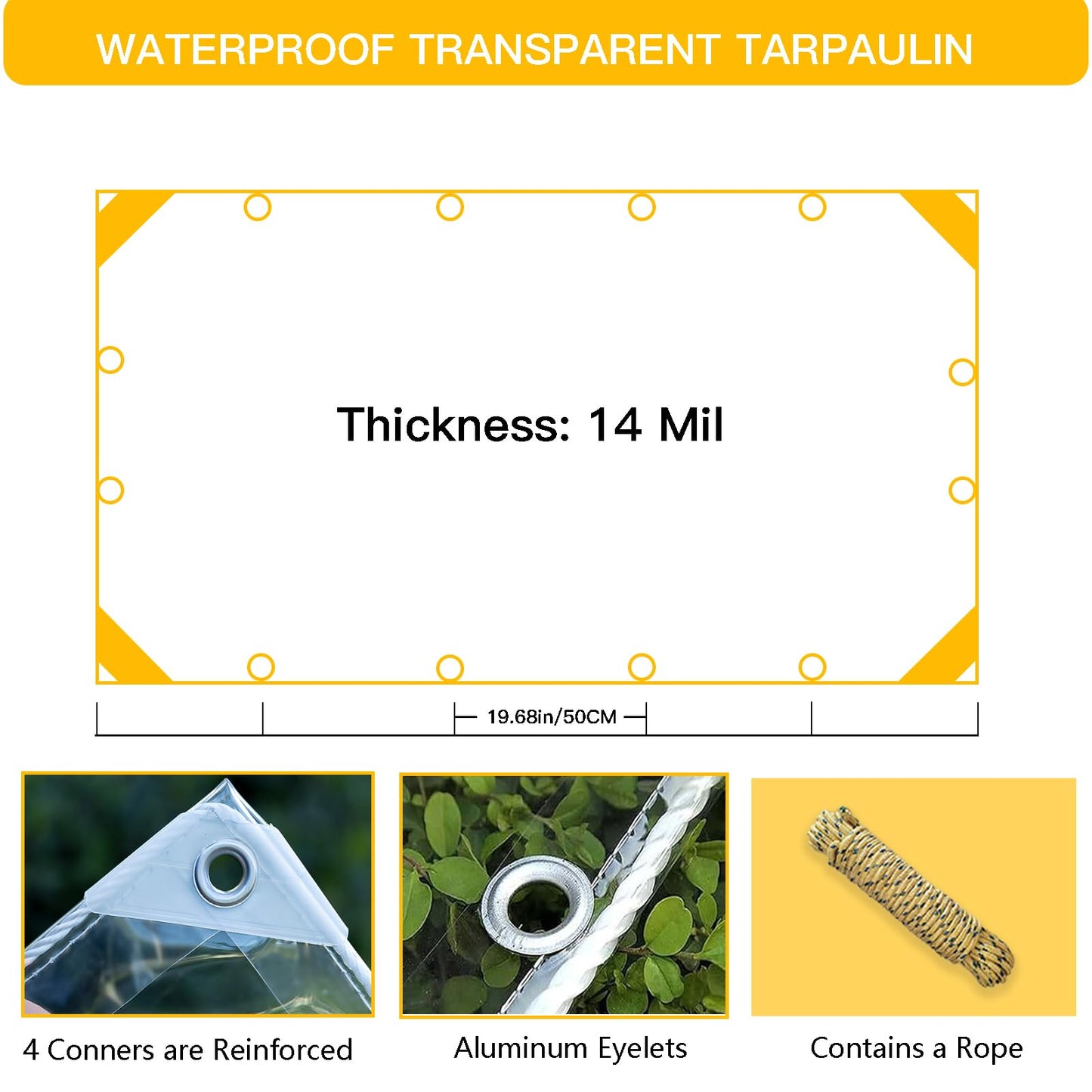 Clear Tarps Heavy Duty PVC, Transparent Tarp Durable Waterproof Dustproof Windproof, Tarpaulin with Grommets & Ropes for Greenhouse, Patio, Garden, Pavilion, Chicken, Porch, Outdoor(12' x 20')
