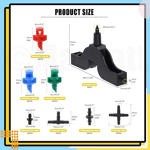 152Pcs Drip Irrigation Barbed Connectors Fittings Kit for 1/4" Tubing Includes 90/180/360 Angle Atomizing Sprinkler Sprayer and Barbed Connector for Agriculture Hydroponic Garden Lawn