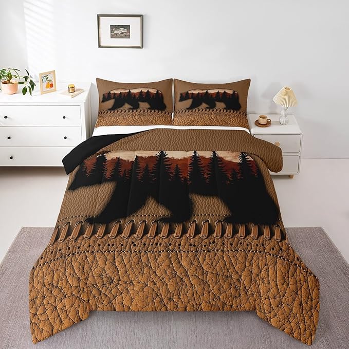Bear Queen Comforter Set Brown Patchwork Cowhide Quilt Bedding Sets Hunting Woodland Animal Bedding Comforters For Boys Men,Wildlife Antler Duvet Insert 2 Pillow Cases Rustic Farmhouse Room Decor
