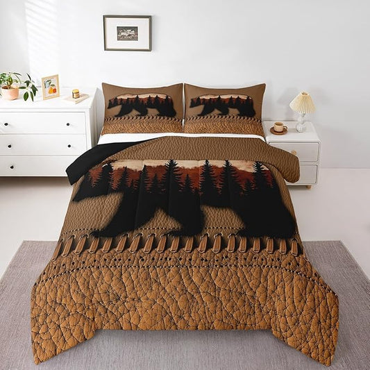 Bear Twin Comforter Set Brown Patchwork Cowhide Quilt Bedding Sets Hunting Woodland Animal Bedding Comforters For Boys Men,Wildlife Antler Duvet Insert 1 Pillow Case Rustic Farmhouse Room Decor