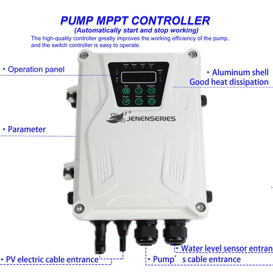 JENENSERIES Pump 500W DC 48V Solar Water Pumps, Max head 393ft,7.9GPM Flow，3 inch Solar deep well submersible Pumps with MPPT controller float switch kits for home or farm