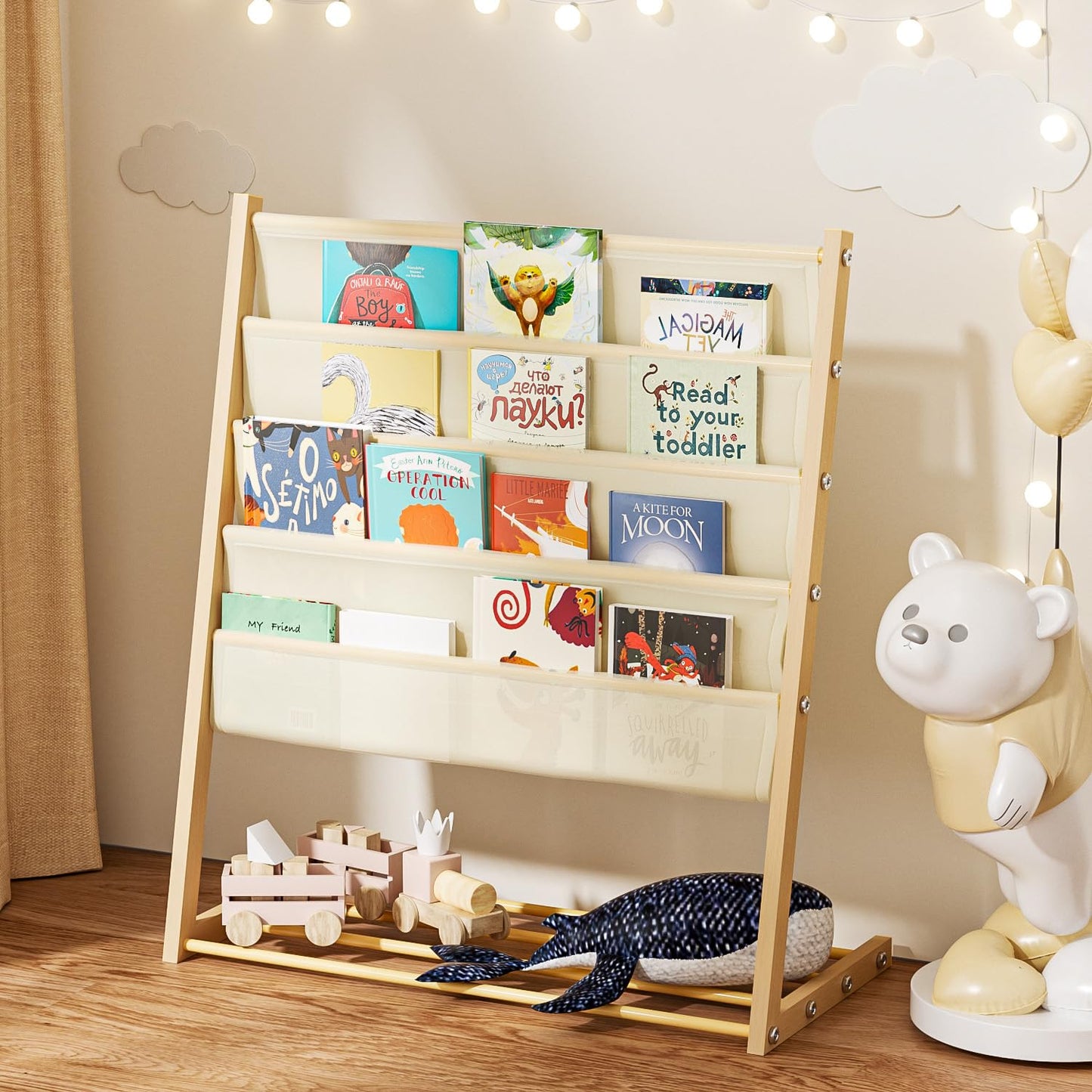 JAQ Kids Bookshelf for Small Space, 4-Tier Fabric Covered Woodgrain Metal Kid Book Shelf Rack Storage Organizer for Toddler Baby in Classroom Playroom Nursery Decor (30.71 inch，Yellow)