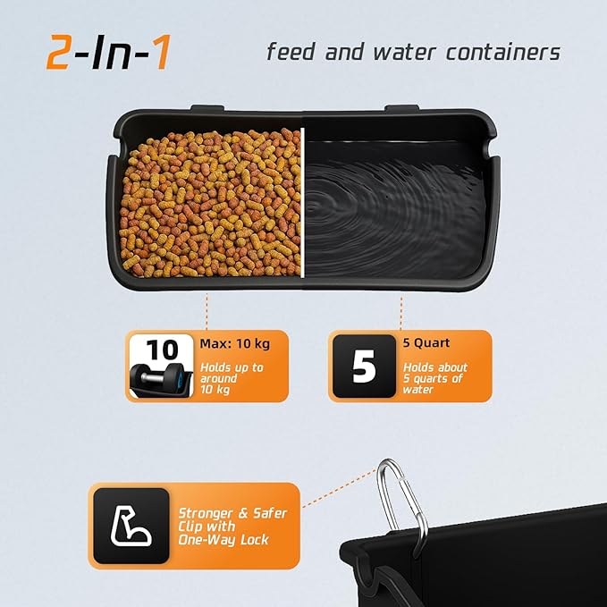 Hanging Chicken Feeder Troughs (2Pack, 5 Qt) – Durable Black Plastic Poultry Feed & Water Buckets with Metal D‑Clips, Multi‑Animal Goat, Sheep, Duck, Pig, Horse, Chicken Coop Feeder