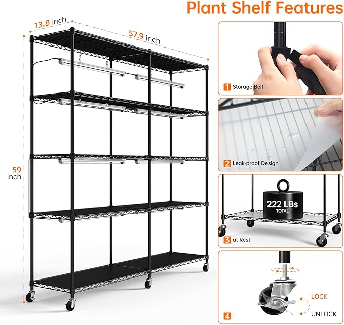 Bstrip 5-Tier Corner Plant Stand with Grow Lights, Large L-Shaped or Long Shape Indoor Plant Shelf, 8 Pack 192W T8 Full Spectrum Grow Lights for Indoor Plants & Seed Starting (58L x 13.8W x 59H)