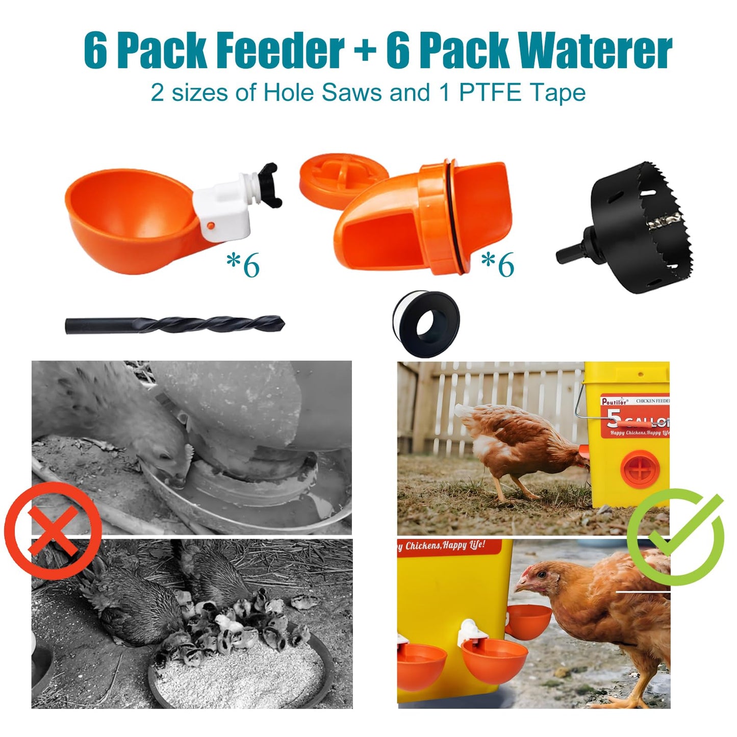 No Waste Chicken Feeder and Waterer Set, Automatic Chicken Feeder Ports & Large Waterer Cups, with Rat Stopper Caps, DIY Poultry Water Feeder kit with 2 Sizes of Hole Saws (6+6 Packs)