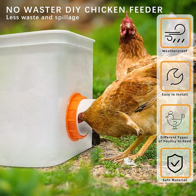 Chicken Feeders No Waste 8 Ports, 4 inch DIY Poultry Feeder with 8 Covers 1 Hole Saw, Rain Proof Automatic Gravity Chicken Feeder Kits for Buckets, Barrels, Bins, Troughs (Orange)