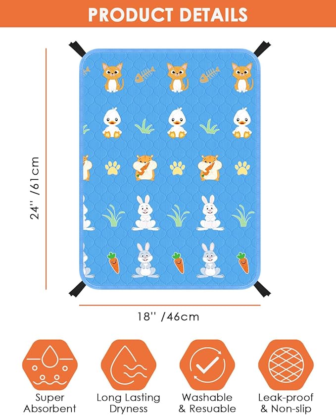 Bissap 2 Packs Guinea Pig Cage Liners, 18''X24'' Washable Guinea Pig Pee Pads Non Slip Reusable Fast and Super Absorbent Bedding for Small Animals Rabbit Hamster Chinchillas Rat - Blue
