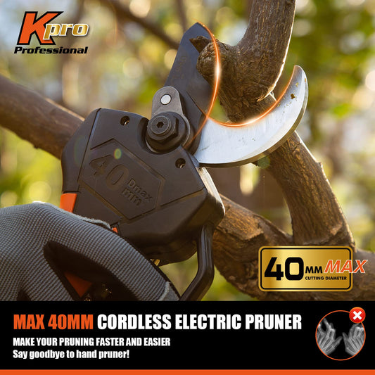 2 In 1 Electric Pruning Shears 40MM, Kebtek Cordless Pruner with Extension Pole 18V Brushless Motor 2Pack 2AH Rechargeable Battery-LCD Display Screen (KT940 Pruner+Pole Set)
