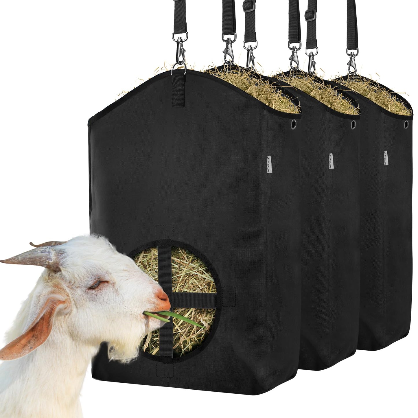 MIYABALA 3 Packs Goat Hay Feeder,Hay Bags for Goats,Horses,Sheep,Premium 600D Oxford Cloth,with Metal Fastener and Adjustable Open Feed Hole for Slow Feeding. (3 Black)