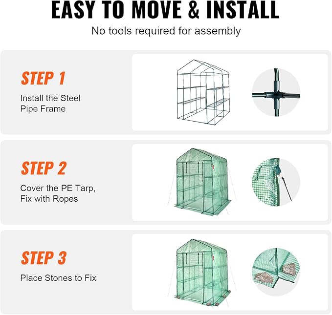 VEVOR Walk-in Green House, 55.5 x 55.5 x 78.7 inch, Portable Greenhouse with Shelves, High Strength PE Cover with Roll-up Zipper Door and Steel Frame, Set Up in Minutes, for Planting and Storage