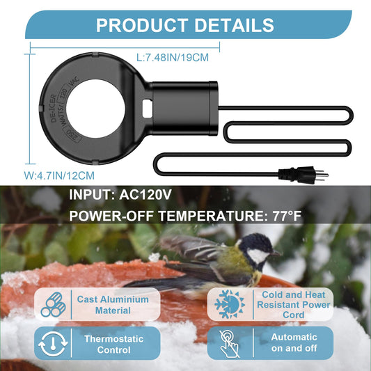 250W Utility De-Icer Submergible Cast Aluminum Chicken Water Heater for Livestock Tank Heater Winter Bird Bath Heater Black