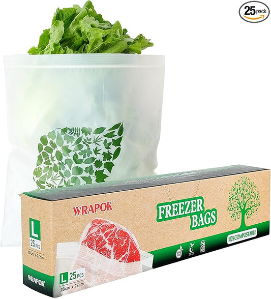 100% Compostable Gallon Freezer Bags Biodegradable Food Storage Bag for Vegetables, Fruits or Meats - 25 Count