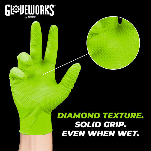 GLOVEWORKS HD Green Nitrile Industrial Disposable Gloves, 8 Mil, Latex-Free, Raised Diamond Texture, X-Large, Case of 1000