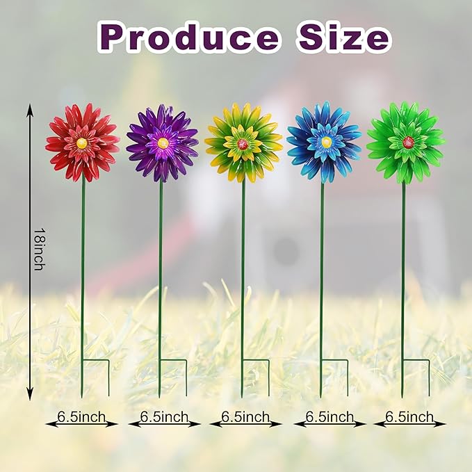 Metal Flower Wind Spinner Garden Lawn Stakes Yard Art, 27inch Lawn Windmill Ornaments Outside Garden Decorations Outdoor for Yard, 5pieces Windmill Gardening Porch Outdoor Summer Decor