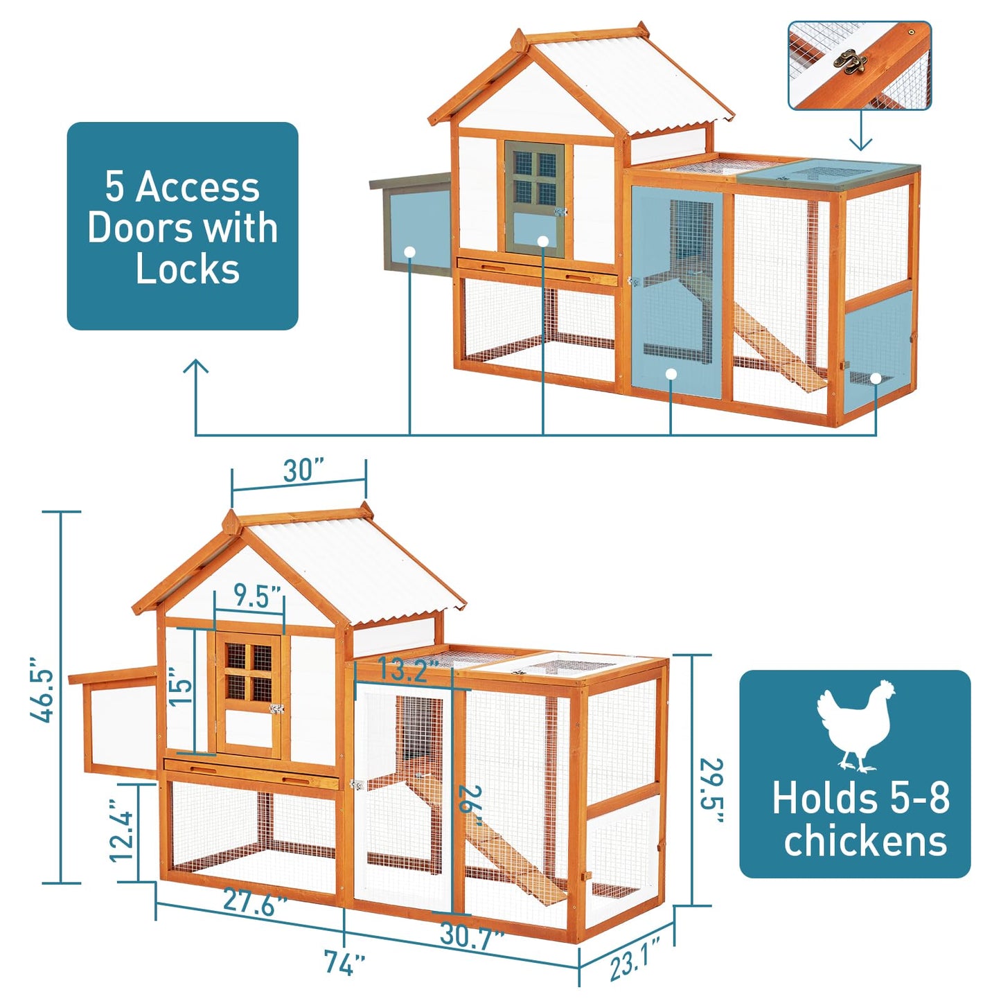 PioneerWorks Outdoor Chicken Coop Wooden Hen House with Run, Poultry Cage w/Ramps, Nesting Box, 5 Access Areas, Wire Fence, Removable Bottom for Easy Cleaning