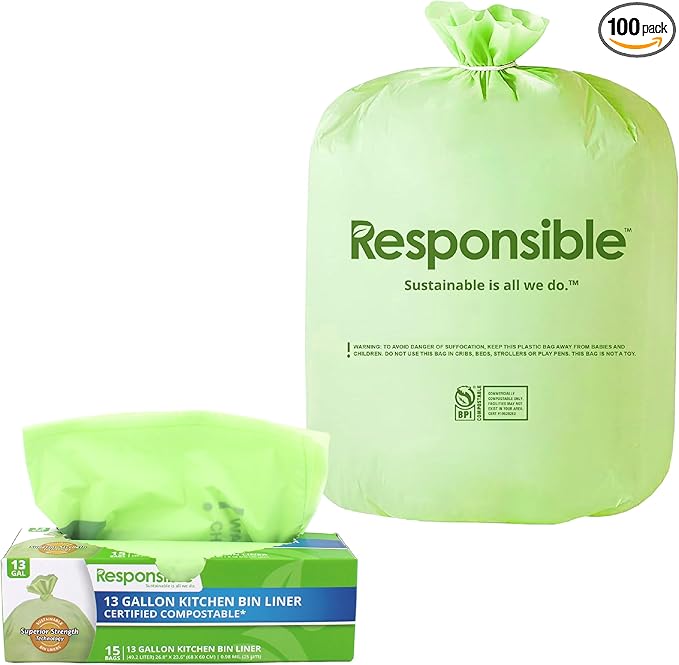 Kitchen Bin Liners, Certified Compostable, Heavy Duty Multipurpose Food Scrap Bags, Made from Compostable Materials (13 Gallon, 13 Gallon (15 Count))